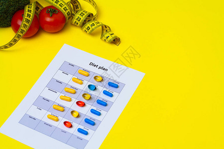黄背景的减肥药丸和新鲜蔬菜的饮食计划图片