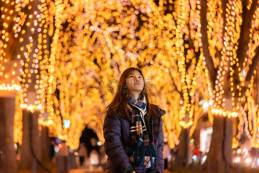 在日本仙台的JozenjiChristmas灯光节日夜装着冬衣的图片