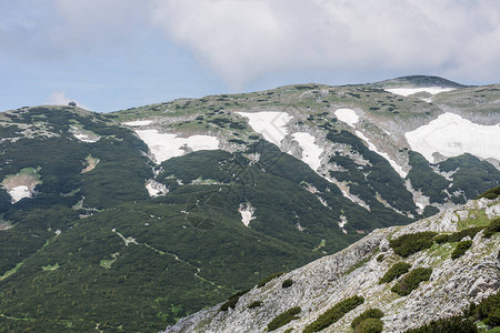 远足时山中的风景有雪石和植物图片