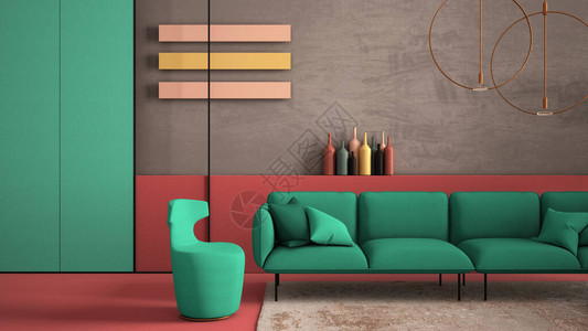 红色和绿松石色的现代客厅沙发扶手椅地毯混凝土墙面板和装饰铜灯室内设计氛背景图片