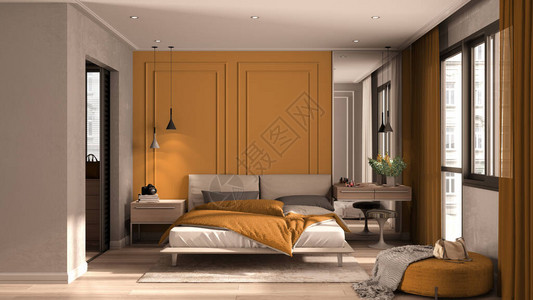 橙色调的简约经典卧室图片
