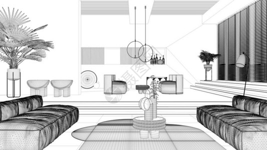 蓝图项目草案现代客厅沙发扶手椅地毯桌子台阶和盆栽植物吊灯室内设计氛图片