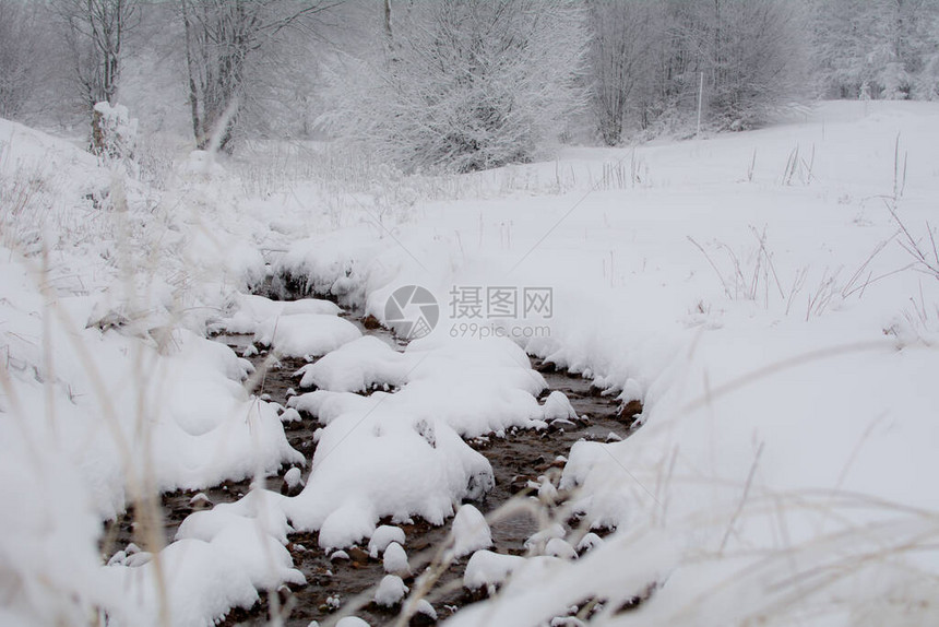 被雪包围的山间溪流纯粹的自然图片