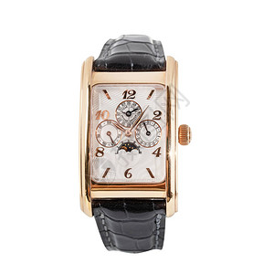 豪华玫瑰金手表上白色孤立带有年历和光滑表圈的经典手表前视图自动机芯手表背景图片