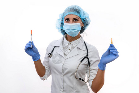 戴防护面罩和手套的女医生注射器和安图片