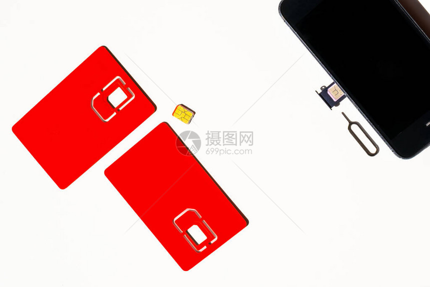 两张SIM卡白色背景的电话和空位复制空图片