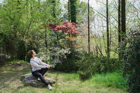 优酷会员坐在野木或公园的石块上阳光和森林沐浴的Sinrinyoku概念户外横向生活方式照片图象等背景