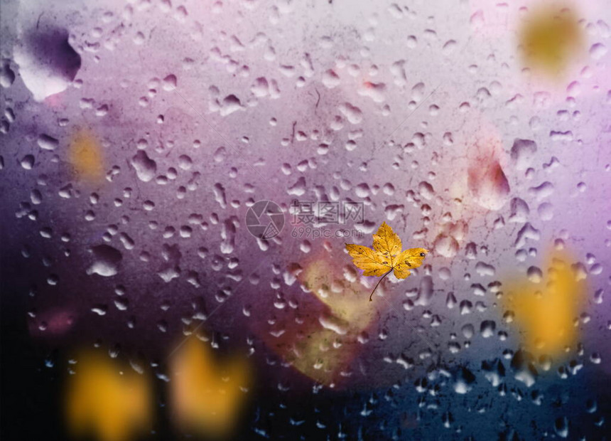 秋叶落人行道阴雨城市晚光反射在旧路面雨滴在窗口城市光模糊图片