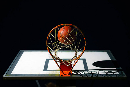 街头篮球在晚上落入篮筐都市青年游戏关闭篮网上方的橙色球成功得分图片