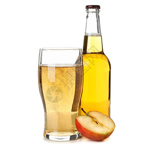 苹果玻璃和瓶子在白图片