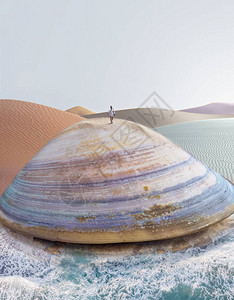 巨大的想象蛤壳在荒无人烟的超现实地貌海浪糊涂颜色图片