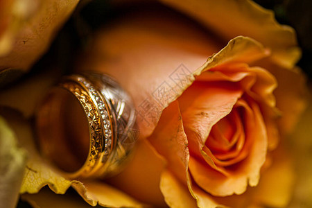 在婚礼当天关闭了两个结婚戒指和红玫瑰的婚礼花束图片