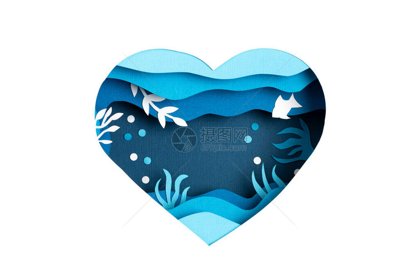 为世界海洋日深水下海剪纸蓝色海洋生物在蓝色海水背景下用鱼和海藻拯救海洋剪纸环境保图片