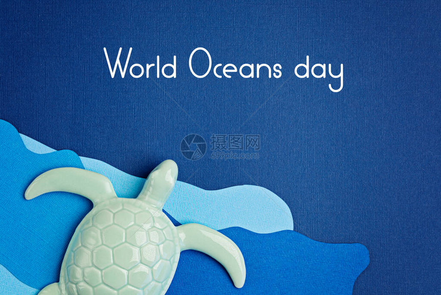 世界海洋日的海龟和剪纸保存蓝色海水背景上的海洋剪纸环境保护和图片