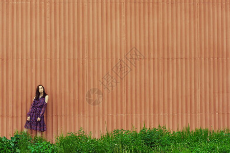 靠近墙的女孩年轻漂亮的亚洲女孩穿着淡紫色的裙子站在图片