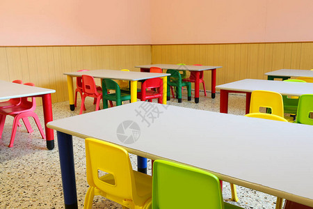 暑期夏令营配图由于流行病教室内部有桌子和空椅背景