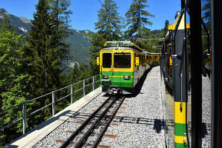 黄色和绿色火车的美丽风景伯尔尼高地铁路图片
