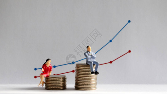 别薪酬差距的概念一个微型男人和一个微型女人坐在条形图前不同高度图片
