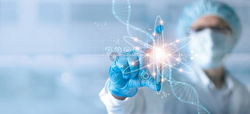 科学和医学科学家或保健研究员在科学化实验室拿着试管和分析数据DNA基因转移和基因治疗疾病图片