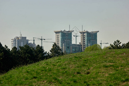 从植物园看城市景色在绿草坪后面的现代建筑的城市图片