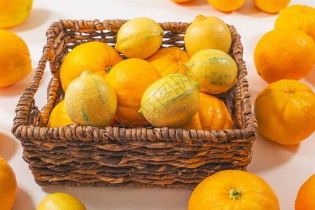 新鲜成熟的有机橙子和柠檬在白图片