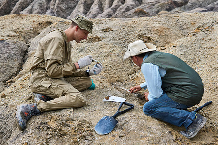 有两个古生物学家从沙漠的地上取出化石图片