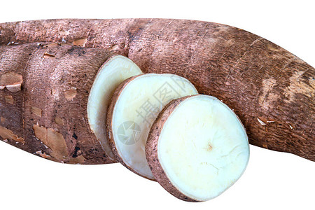 木薯块茎和切片分离在白色图片