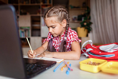 可爱的学童在家上网课时学习作业图片