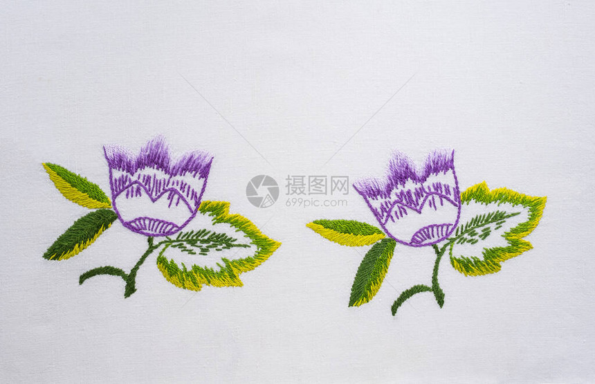 2刺花在白线天然织物上缝针复制空图片
