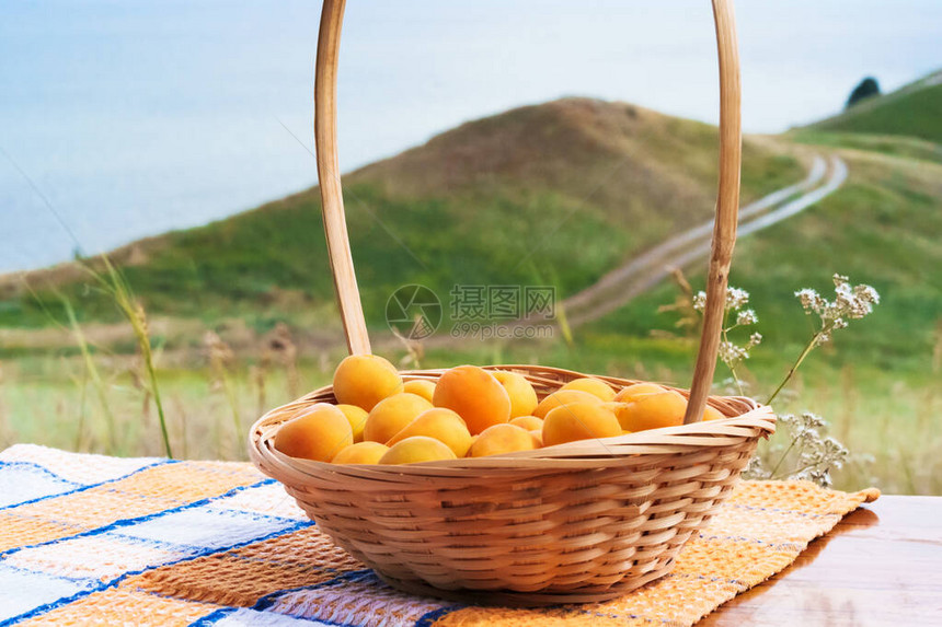 一个带杏子的柳条篮站在农村丘陵地区的桌子上图片