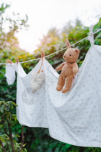 儿童服装和晾衣绳上的玩具泰迪熊在房子后院的户外洗涤后晾干图片