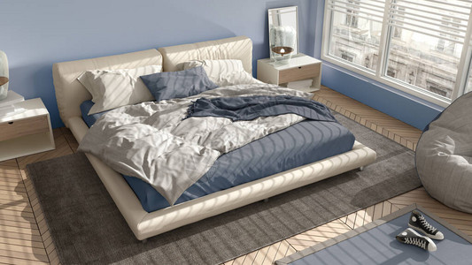 蓝色柔和色调的现代卧室大全景窗户带地毯和坐垫的双人床人字形镶木地板简约的室内设计放松的概念理背景图片