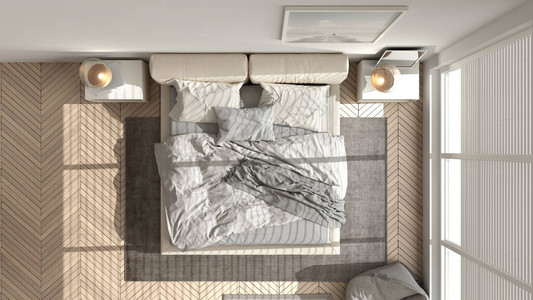 现代卧室采用明亮柔和的色调大全景窗户带地毯和坐垫的双人床人字形镶木地板简约的室内设计放松的概念理背景图片