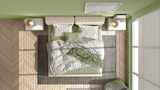 绿色柔和色调的现代卧室大全景窗户带地毯和坐垫的双人床人字形镶木地板简约的室内设计放松的概念理背景图片