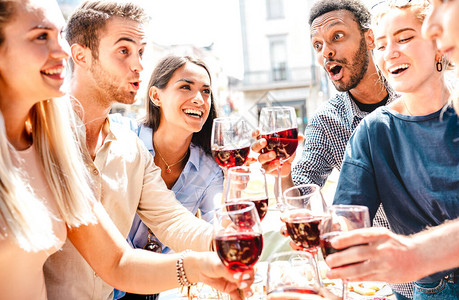 欢乐的多种族朋友在午餐派对上愉快地喝酒和喝红酒图片