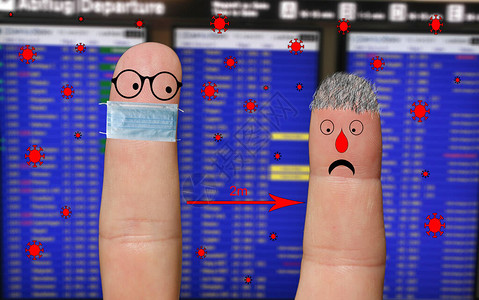 两只手指脸在飞行时间表前砍断社会距离图片