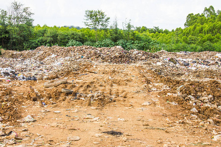 垃圾堆或垃圾填埋场中的垃圾堆垃圾堆和耕作空间垃圾山和树背图片