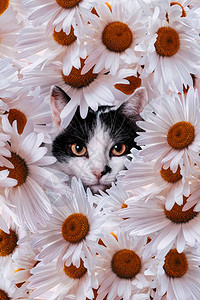 洋甘菊花中美丽的猫图片