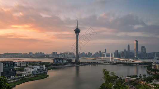 大连观光塔澳门观光塔及西湾大桥周边清晨景观背景