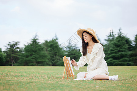 文艺青年美女户外油画写生图片