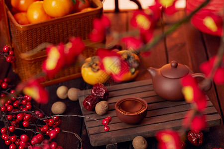 新年喜庆桌面茶具背景背景图片