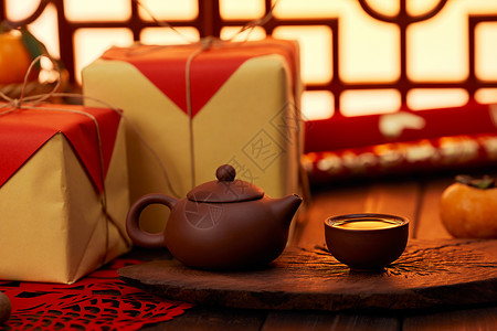 新年氛围桌面上的茶具背景图片