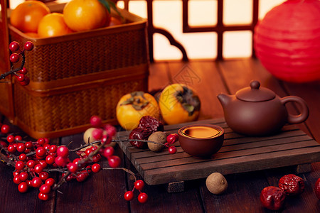 新年喜庆茶具桌面背景背景图片