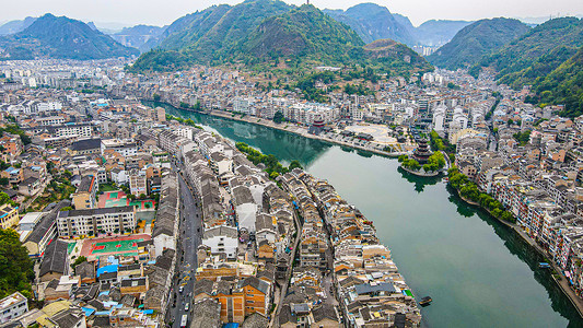 城市水系5A景区镇远古镇航拍背景