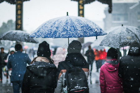 走在大雪中的人群背影图片