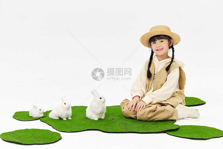 山系小女孩和可爱小兔子图片