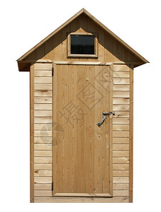 白色背景上厕所的木制小房子图片