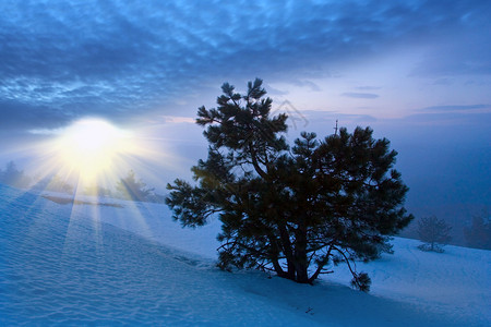 冬天山上的落日图片