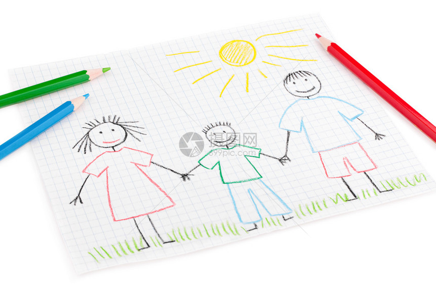 儿童绘画着幸福的家庭和白种背图片