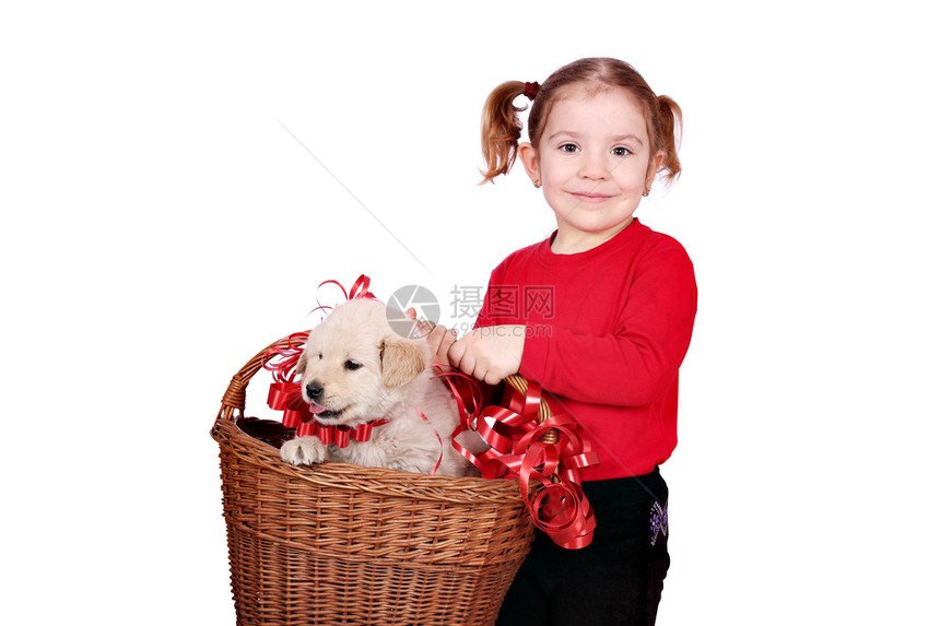 提着篮子和小狗的小女孩图片